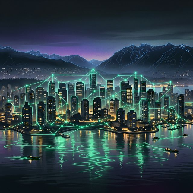 Vancouver skyline at dusk with digital nodes and connection lines overlaid, mountains in background